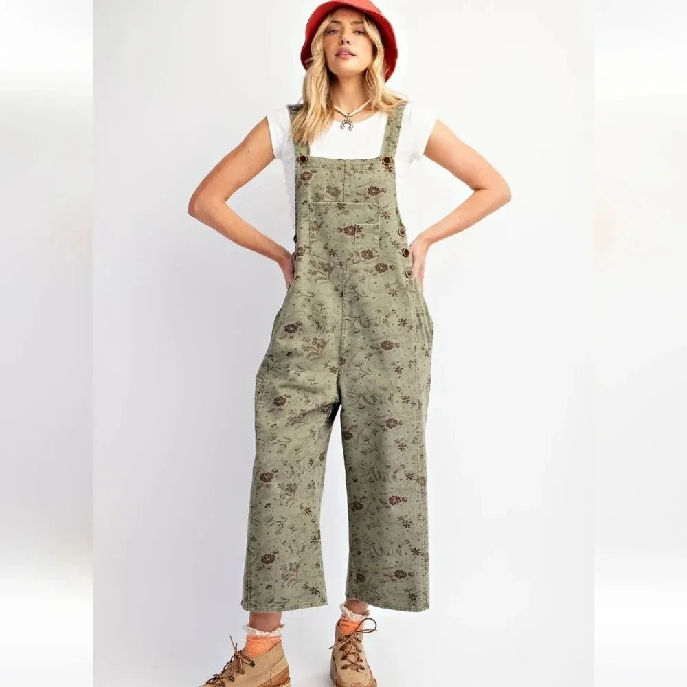 Easel-Free People Green Floral Boho Overalls Size Meduim - Picture 4 of 7